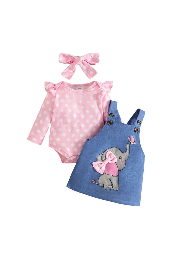 Baby Girl Clothes Suspender Skirt Long Sleeve Ruffled Romper + Elephant Jeans Dress + Headband Fall Spring Outfits Pink,Size 12-18 Months