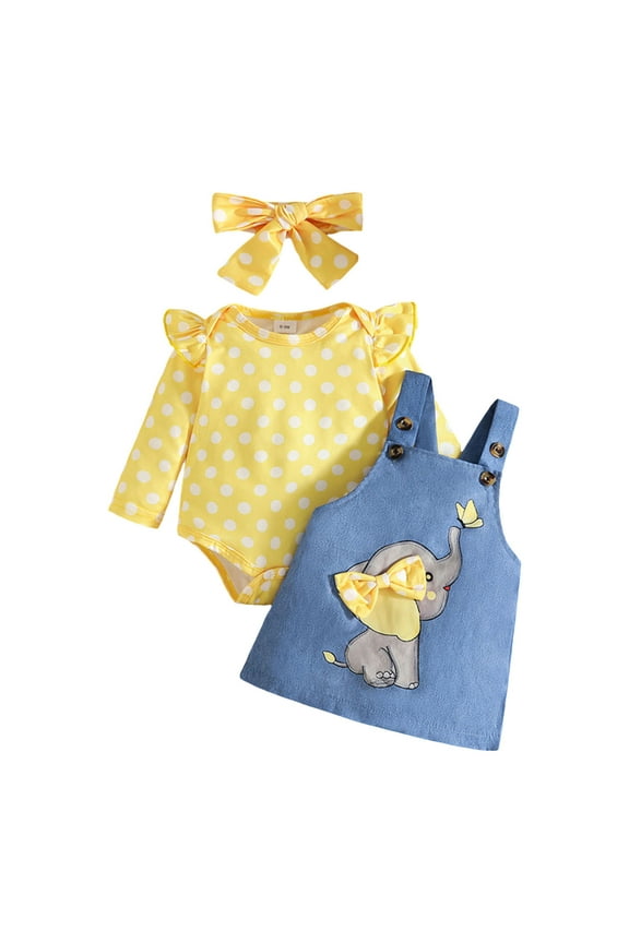 Baby Girl Clothes Suspender Skirt Newborn Long Sleeve Ruffled Romper + Elephant Jeans Dress + Headband Fall Spring Outfits Yellow,Size 12-18 Months