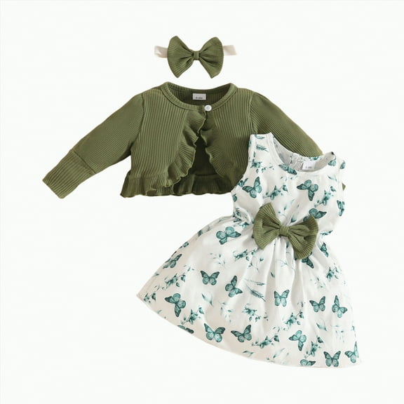 CAICJ98 Baby Girl Dress 3PCS Set Headband Long Sleeved Cardigan Sleeveless Dress Set Toddler Baby Girls Fall Winter Clothes Green,Size 12-18 Months