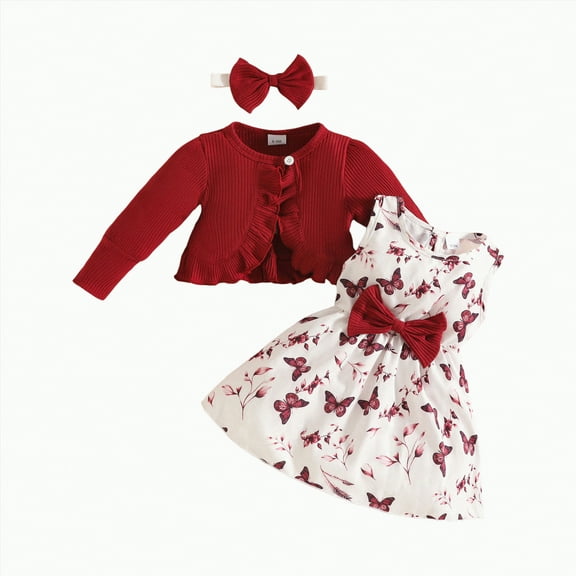 CAICJ98 Baby Girl Dress 3PCS Set Headband Long Sleeved Cardigan Sleeveless Dress Set Toddler Baby Girls Fall Winter Clothes Red,Size 12-18 Months