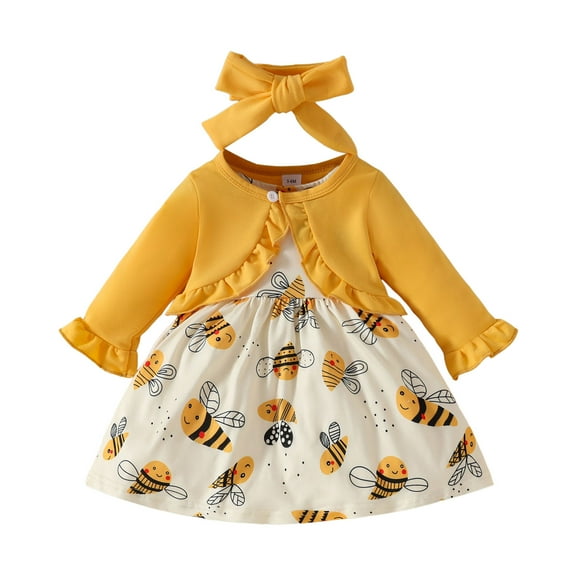 CAICJ98 Baby Girl Dress 3PCS Set Headband Long Sleeved Cardigan Sleeveless Dress Set Toddler Baby Girls Fall Winter Clothes Yellow,Size 18-24 Months