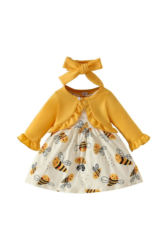 Baby Girl Dress 3PCS Set Headband Long Sleeved Cardigan Sleeveless Dress Set Toddler Baby Girls Fall Winter Clothes Yellow,Size 9-12 Months