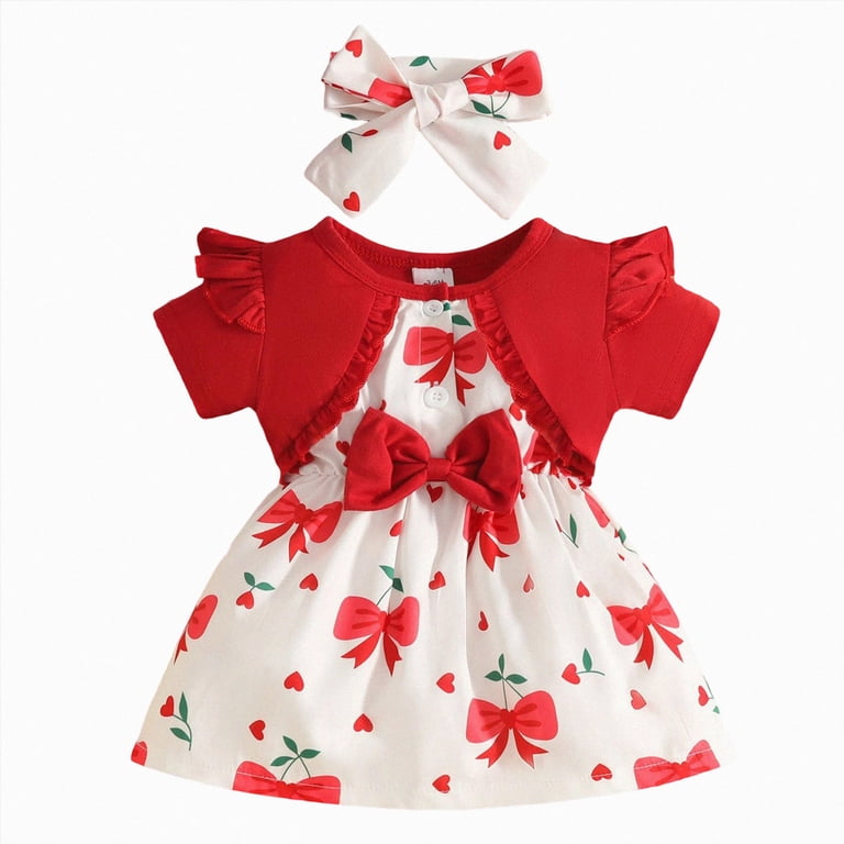 CAICJ98 Baby Girl Dress Newborn Toddler Girl Summer Clothes Short Sleeve Floral Print Casual Dresses Baby Girls' Clothing (Red,6-9 Months)
