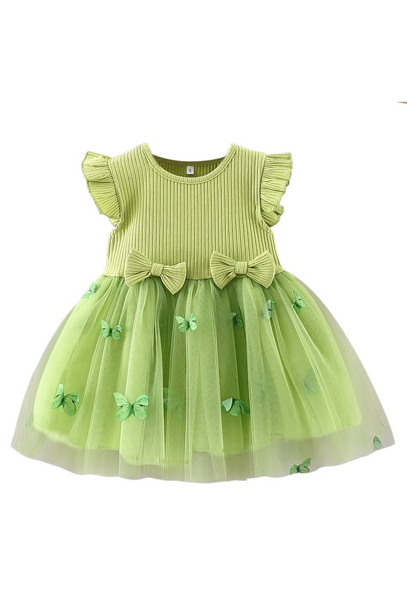 Baby Girl Dresses Ruffle Sleeve Tutu Dress for Toddler Girls Butterfly Tulle Dress Flower Girl Party Birthday Princess Dresses Green,6-12 Months