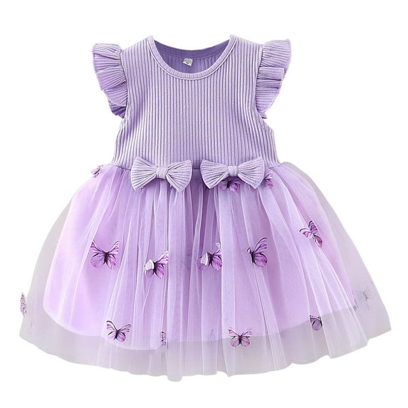 CAICJ98 Baby Girl Dresses Ruffle Sleeve Tutu Dress for Toddler Girls Butterfly Tulle Dress Flower Girl Party Birthday Princess Dresses Purple,6-12 Months