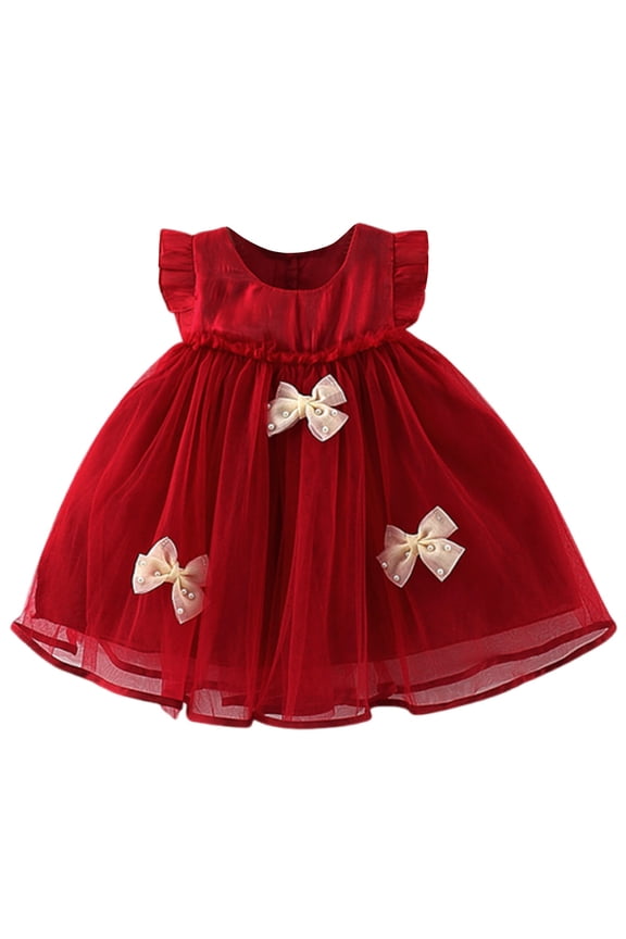Baby Girl Dresses Ruffle Sleeve Tutu Dress for Toddler Girls Butterfly Tulle Dress Flower Girl Party Birthday Princess Dresses Red,6-12 Months