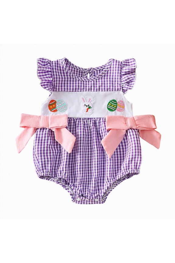Baby Girl Easter Outfit Bunny Embroidery Crewneck Flying Sleeve Smocked Bubble Romper Plaid Bodysuit Infant Summer Clothes (Purple,12-18 Months)