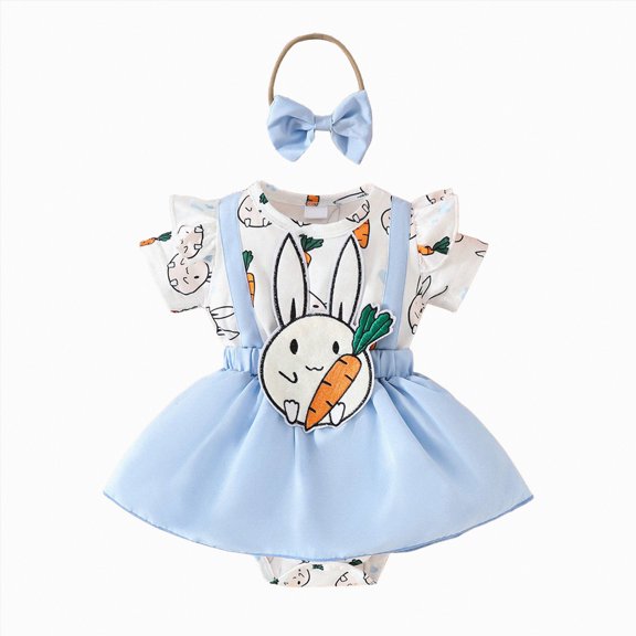 CAICJ98 Baby Girl Easter Outfit Newborn My First Easter Bunny Bubble Romper Dress with Headband Onesie Short Sleeve Bodysuit Spring Summer Clothes (Sky Blue,3-6 Months)