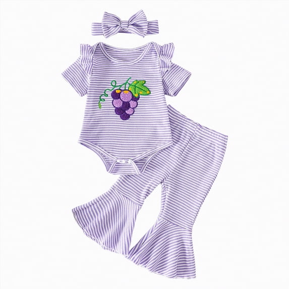 CAICJ98 Baby Girl Easter Outfit Newborn Infant Short Sleeve Bunny Embroidery Romper Flared Pants Set Headband Cute Clothes (Purple,3-6 Months)