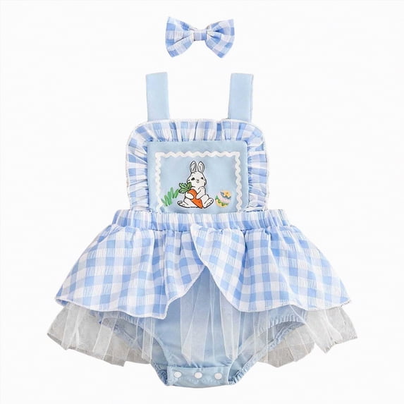 CAICJ98 Baby Girl Easter Outfits Romper Dress Cute Bunny Print Sleeveless Plaid Jumpsuit with Headband (Blue,6-9 Months)