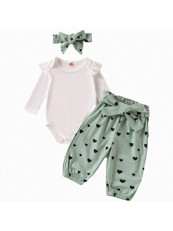 Baby Girl Fall Outfit Ruffle Long Sleeve Ribbed Romper Heart Print Pants Tie Headband Winter Spring Clothes Set (Green,3-6 Months)