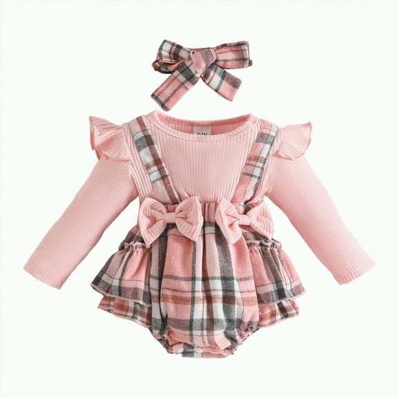 CAICJ98 Baby Girl Fall Winter Clothes Cute Plaid Romper Suspender Dress Ruffle Long Sleeve One-piece Jumpsuit Bodysuit with Bow Headband (Pink,0-3 Months)