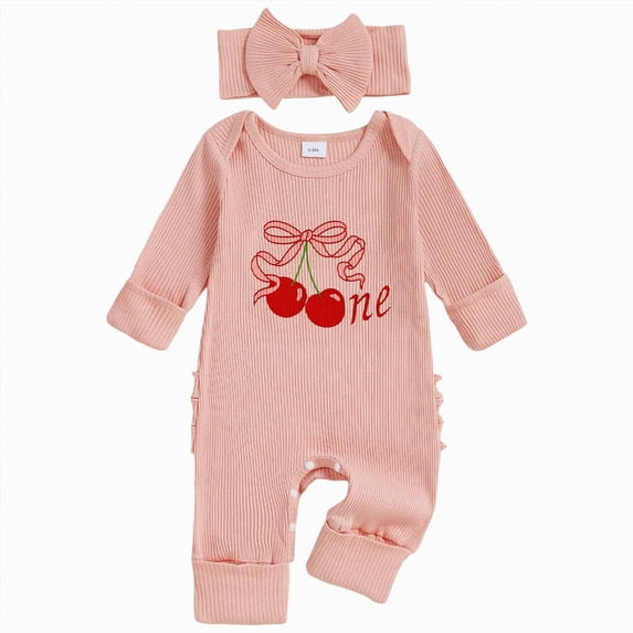 CAICJ98 Baby Girl First Birthday Outfit Newborn Infant Clothes Going Coming Home Outfit Ruffle Mitten Sweater Romper Cute Knit Jumpsuit (Pink,12-18 Months)