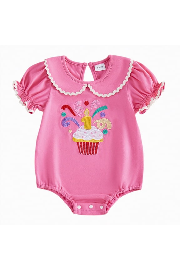 Baby Girl First Birthday Outfit One Cake Embroidery Bubble Sleeve Romper Jumpsuit Infant Newborn Summer Cake Smash Clothes (Hot Pink,12-18 Months)
