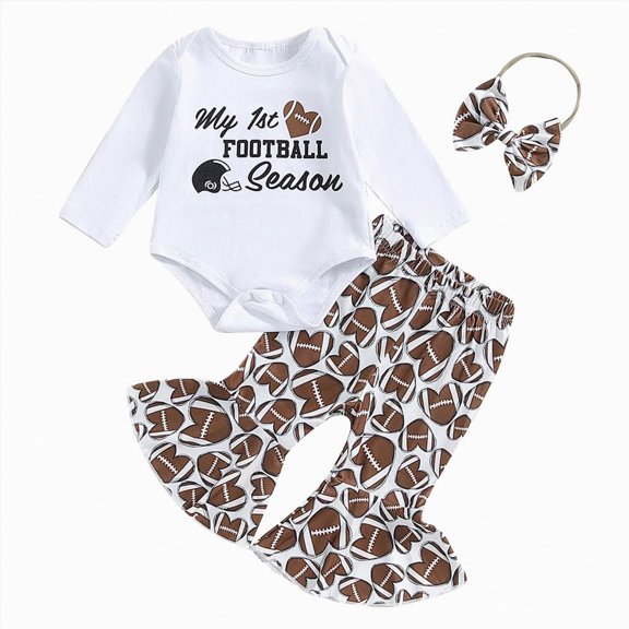 CAICJ98 Baby Girl Football Outfit Football Romper Onesie+Football Flare Pant Bell Bottom Set Newborn Fall Winter Spring Clothes (Coffee,6-12 Months)