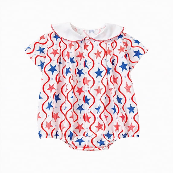 CAICJ98 Baby Girl Fourth of July Outfit Flag Stripe Smocked Bubble Short Sleeve Romper Infant Newborn Independence Day Summer Clothes (Red,3-6 Months)