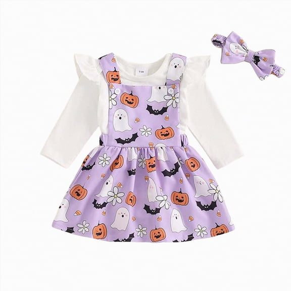 CAICJ98 Baby Girl Halloween Outfit Fall Winter Clothes Long Sleeve Ruffle Romper Ghost Pumpkin Skirt Bow Headband 3 Pcs Set White,Size 6-9 Months