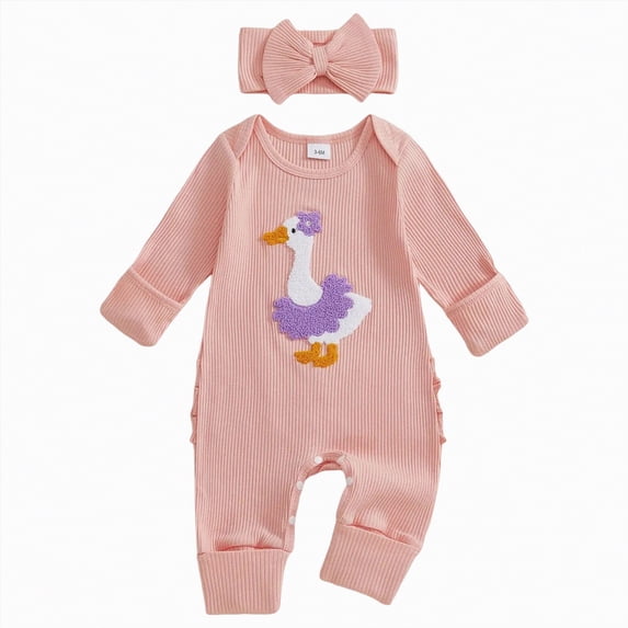 CAICJ98 Baby Girl Jumpsuit Fall Romper Newborn Outfit Ribbed Knit Bodysuit Infant Spring Clothes Coming Home Outfit (Pink,0-3 Months)