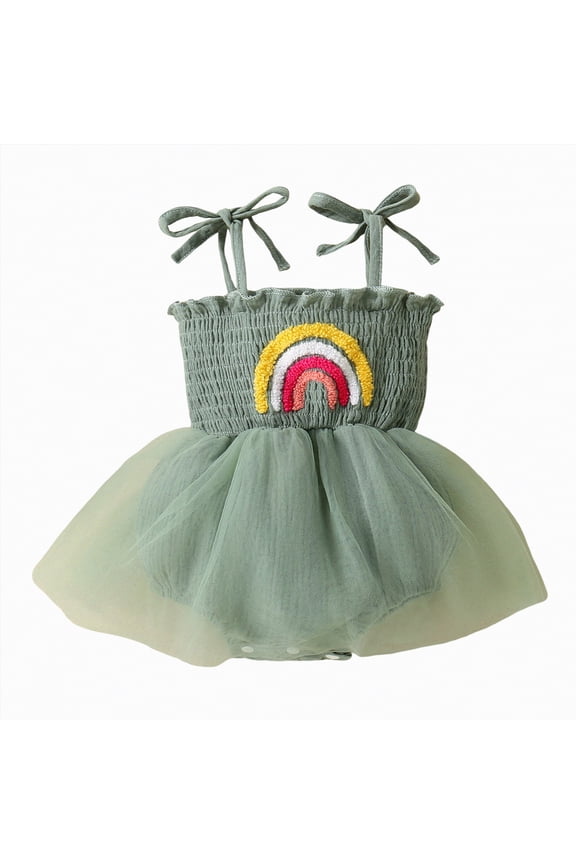 Baby Girl One Birthday Outfit Boho Romper Tulle Dress Summer Cake Smash Photo Shoot Infant Clothes (Green,0-9 Months)
