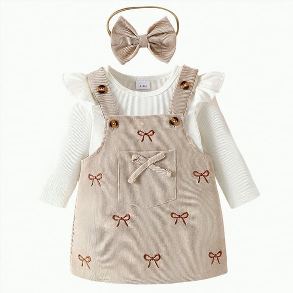 CAICJ98 Baby Girl Outfits Newborn Long Sleeve Romper Bow Overall Dresses Suspender Skirt Headband Set Infant Fall Winter Clothes (White,12-18 Months)