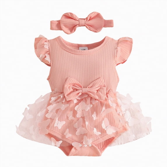 CAICJ98 Baby Girl Summer Clothes Cute Newborn Girl Outfits Ruffle Sleeveless Lace One Piece Romper + Headband 2pcs Set (Pink,3-6 Months)