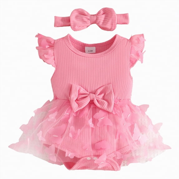 CAICJ98 Baby Girl Summer Clothes Cute Newborn Infant Girl Outfits Ruffle Sleeveless Lace One Piece Romper + Headband 2pcs Set (Pink,6-9 Months)