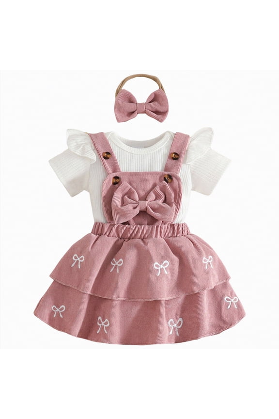 Baby Girl Summer Clothes Cute Outfits Short Sleeve Romper Overall Skirt Dress Headband 3Pcs Infant Newborn Outfit (Pink,0-3 Months)