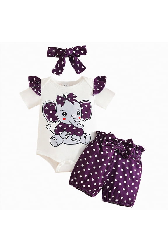 Baby Girl Summer Clothes Elephant Outfit Ruffle Short Sleeve Romper Top Cute Bow Shorts Set with Headband (Purple,9-12 Months)