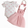 thumbnail image 1 of CAICJ98 Baby Girl Summer Clothes Newborn Romper Love Heart Print Short Sleeved Ruffled Bow Skirt Headband Infant Outfits Set (Pink,9-12 Months), 1 of 7