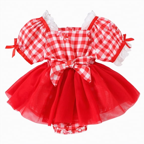 CAICJ98 Baby Girl Summer Clothes Romper Dress Short Sleeve Plaid Jumpsuit Tulle Skirt Skirt Hem Bodysuit Cute Infant Newborn Outfit (Red,6-9 Months)