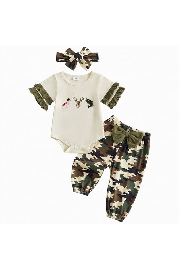 Baby Girl Summer Outfit Deer Duck Hunting Short Sleeve T-Shirt Tops Camouflage Pants Headband 3Pcs Spring Fall Clothes Set (Green,3-6 Months)