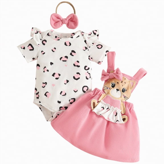 CAICJ98 Baby Girl Summer Outfits Bear Short Sleeve Romper Overall Dress With Headband Set Newborn Infant Girl Clothes (Pink,6-9 Months)