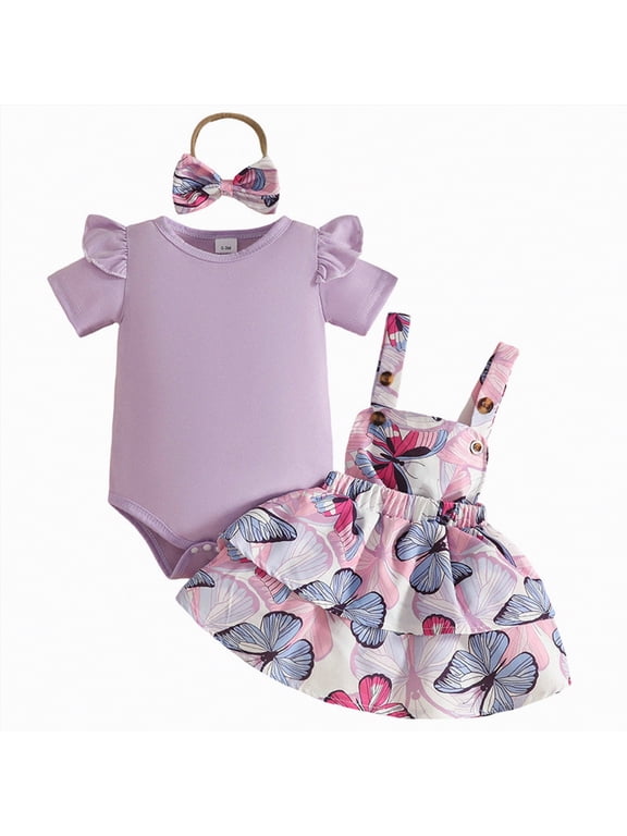 Baby Girl Summer Outfits Short Sleeve Romper Cute Print Overall Dress With Headband Set Newborn Infant Girl Spring Clothes (Purple,3-6 Months)