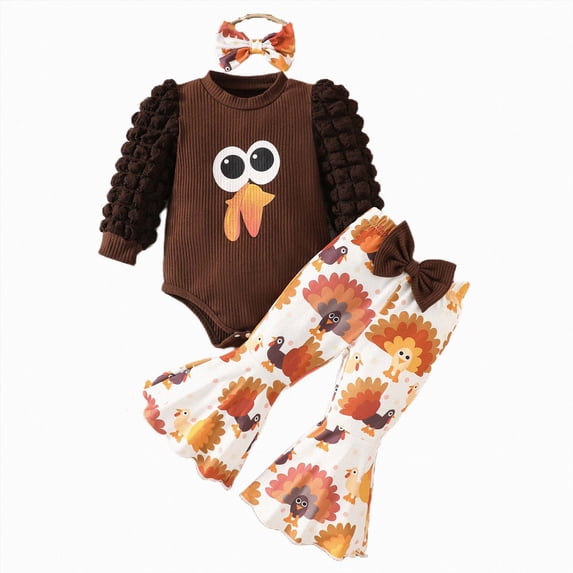 CAICJ98 Baby Girl Thanksgiving Outfit Long Sleeve Romper+Flare Pants+Headband Newborn Girl Turkey Day Clothes,Size 6-12 Months