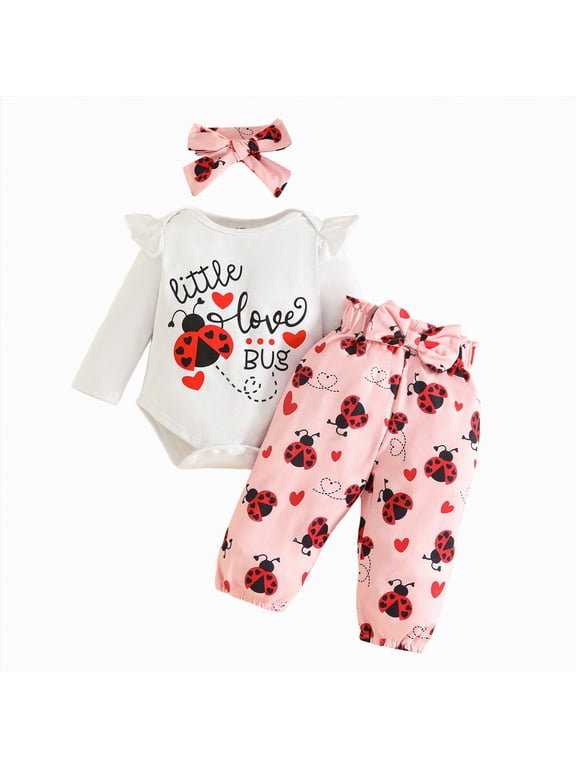 Baby Girl Valentines Outfit Letter Print Long Sleeve Bubble Romper Heart Pants Set Headband Spring Clothes (White,3-6 Months)