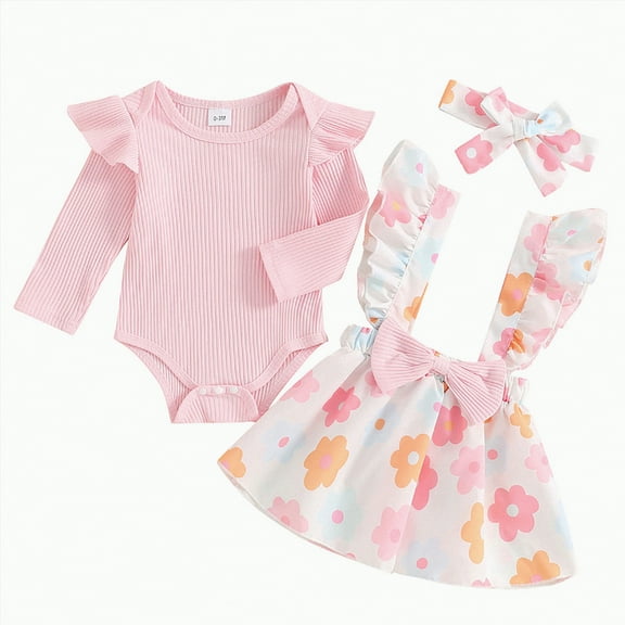 CAICJ98 Baby Girl Winter Clothes Toddler Girl Spring Fall Outfit Long Sleeve Ruffle Romper Floral Suspender Skirt Headband Set Beige,Size 12-18 Months