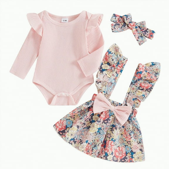CAICJ98 Baby Girl Winter Clothes Toddler Girl Spring Fall Outfit Long Sleeve Ruffle Romper Floral Suspender Skirt Headband Set Pink,Size 12-18 Months