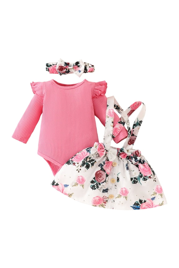Baby Girl Winter Clothes Toddler Girl Spring Fall Outfit Long Sleeve Ruffle Romper Suspender Skirt Headband Set Hot Pink,Size 12-18 Months