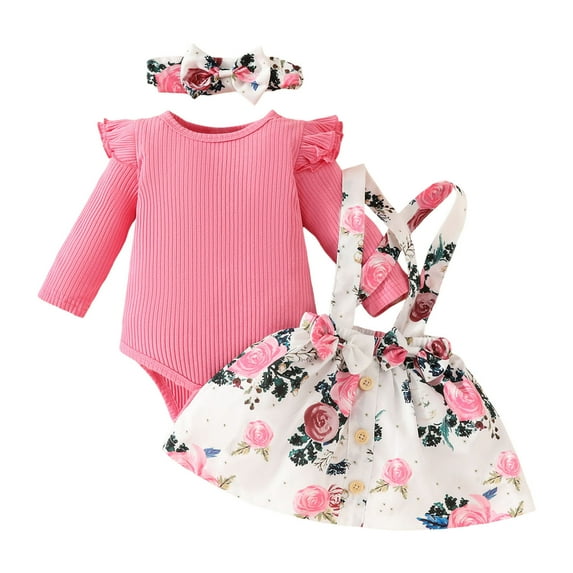 CAICJ98 Baby Girl Winter Clothes Toddler Girl Spring Fall Outfit Long Sleeve Ruffle Romper Suspender Skirt Headband Set Hot Pink,Size 12-18 Months