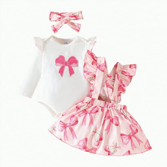 CAICJ98 Baby Girl Winter Clothes Toddler Girl Spring Fall Outfit Long Sleeve Ruffle Romper Suspender Skirt Headband Set Pink,Size 12-18 Months