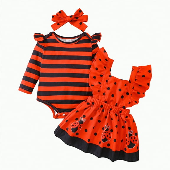 CAICJ98 Baby Girl Winter Clothes Toddler Girl Spring Fall Outfit Long Sleeve Ruffle Romper Suspender Skirt Headband Set Red,Size 12-18 Months