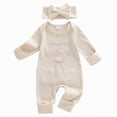 thumbnail image 1 of CAICJ98 Baby Girls Clothes Letter Embroidery Long Sleeve Romper Bow Waffle Knit Ruffled Newborn Infant Winter Fall Spring Outfit with Headband (Beige,0-3 Months), 1 of 7