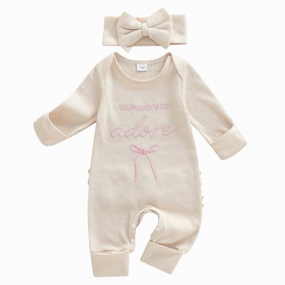 CAICJ98 Baby Girls Clothes Letter Embroidery Long Sleeve Romper Bow Waffle Knit Ruffled Newborn Infant Winter Fall Spring Outfit with Headband (Beige,0-3 Months)