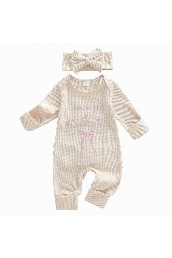 Baby Girls Clothes Letter Embroidery Long Sleeve Romper Bow Waffle Knit Ruffled Newborn Infant Winter Fall Spring Outfit with Headband (Beige,0-3 Months)