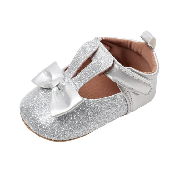 CAICJ98 Baby Girls Mary Jane Flats Bunny Single Shoes Princess Wedding Dress Ballet Shoes Non-Slip Toddler First Walking Shoes Crib Shoes Silver,0-6 Months