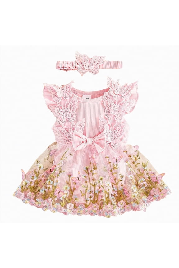 Baby Girls Romper Dress Newborn Dress Romper 3D Flowers Mesh Skirt Hem Infant Girl Summer Clothes with Headband (Pink,6-9 Months)