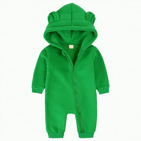CAICJ98 Baby Plush Long Sleeve Polar Fleece Jumpsuit With Bear Ears Baby Fleece Hooded Jumpsuit Infant Newborn Boy Girl Fall Winter Outfit (Green,3-6 Months)