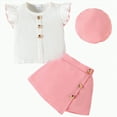 thumbnail image 1 of CAICJ98 Baby Toddler Girl Outfits Summer Clothes Crew Neck Knitted Cotton Ruffle Sleeves Button Tops+Mini Skirts+Beret 3Pcs Set (Pink,2-3 Years), 1 of 7
