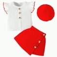 thumbnail image 1 of CAICJ98 Baby Toddler Girl Outfits Summer Clothes Crew Neck Knitted Cotton Ruffle Sleeves Button Tops+Mini Skirts+Beret 3Pcs Set (Red,12-18 Months), 1 of 7