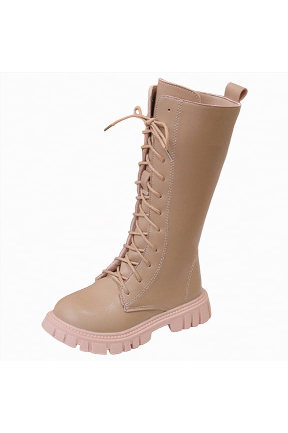Boots for Little Girls Lace Up Combat Boots Tie Side Zipper Shoe Fleece Lined Leather Shoes 2025 Winter Mid Calf Riding Boots for Girls (Little Kid/Big Kid),12